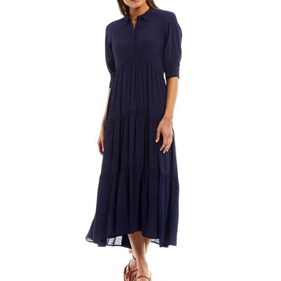 Anthropologie Dresses & Skirts - ANTHROPOLOGIE Navy Button Down Tiered Midi Shirt Dress w Balloon Cuff Sleeves S